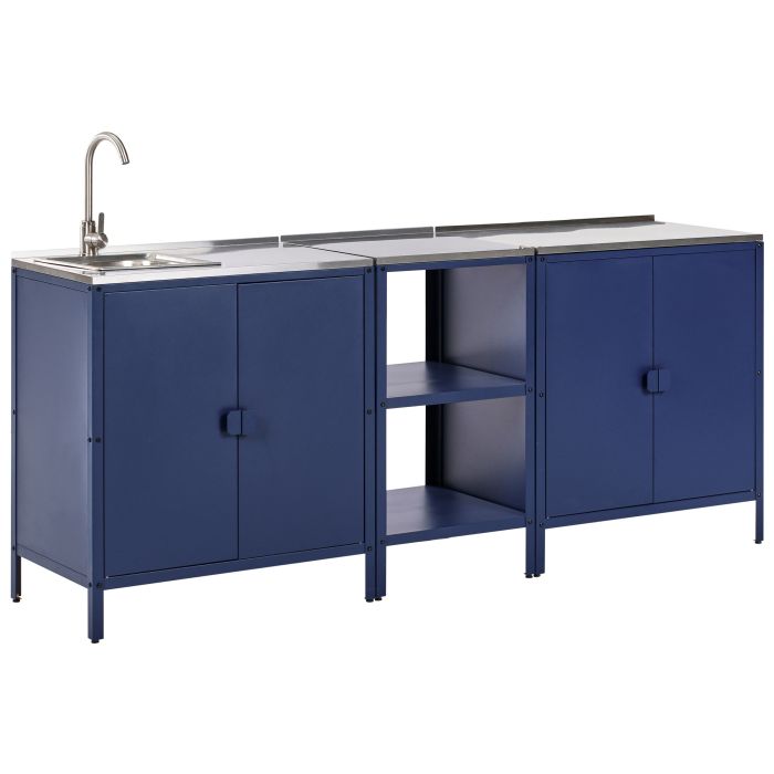 VLIAMA 3 Piece Outdoor Kitchen Set with Sink Metal 2 Cabinet with Open Shelf Blue