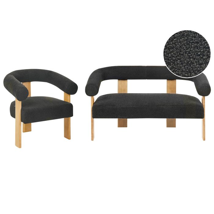 COBDEN Boucle Fabric 2 Seater Sofa and Armchair Sofa Set - Black with Light Oak
