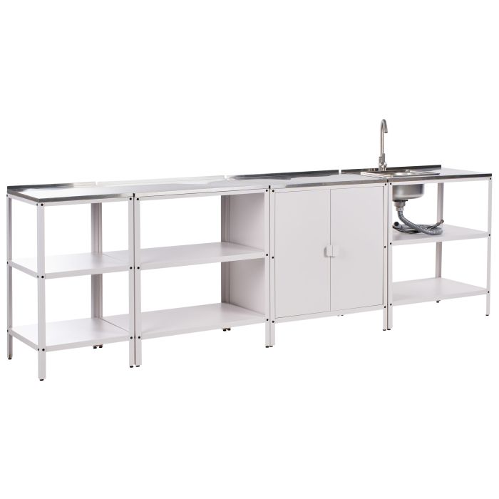 VLIAMA 4 Piece Outdoor Kitchen Set with Sink Metal Cabinet with 3 Open Shelf White