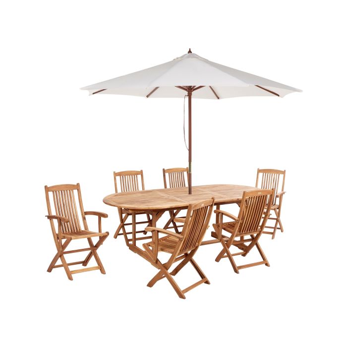 Garden Dining Set 6 Seater MAUI II with Parasol Acacia Wood Light Brown