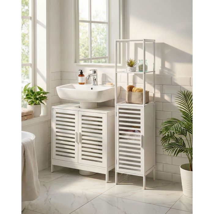 BIYUXO Bamboo Wood Bathroom Shelving Cabinet - White