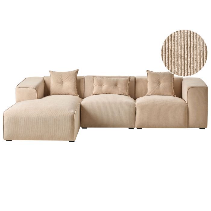 DOAVL Corduroy Fabric 3 Seater L Shaped Corner Sofa - Beige, Left Hand Facing