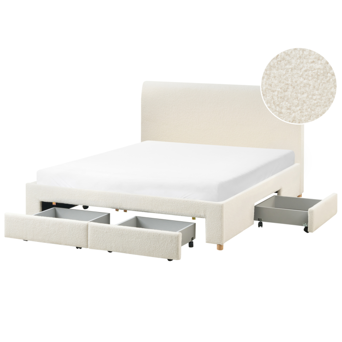 SOLYN Kingsize Boucle Fabric Bedframe with Storage Drawers - Off-White