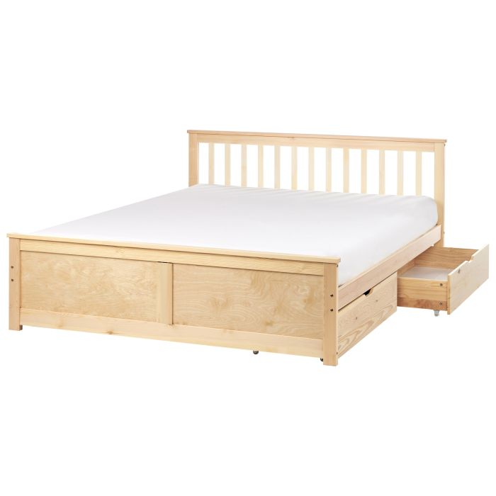 OLEA Bedframe with Storage Drawers Wood 160 x 200cm EU Kingsize Bed Light Wood