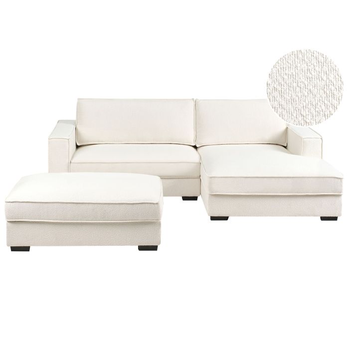 INVERLEIGH Boucle Fabric 2 Seater L Shaped Corner Sofa with Ottoman - Off White, Right Hand Facing