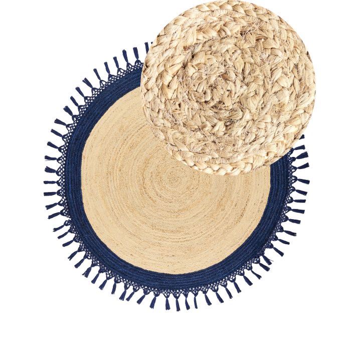 Round Jute Area Rug Diameter 140 cm Beige and Dark Blue MARTS