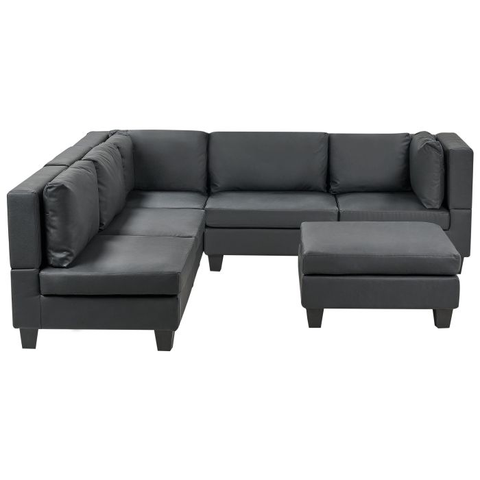 5 Seater Right Hand Modular Faux Leather Corner Sofa with Ottoman Black UNSTAD