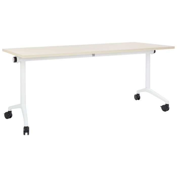 Folding Office Desk with Casters 180 x 60 cm Light Wood and White CAVI