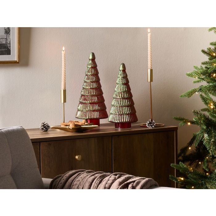 FEJARO Christmas Decor Tree Glass Figurine Set of 2 - Green and Red