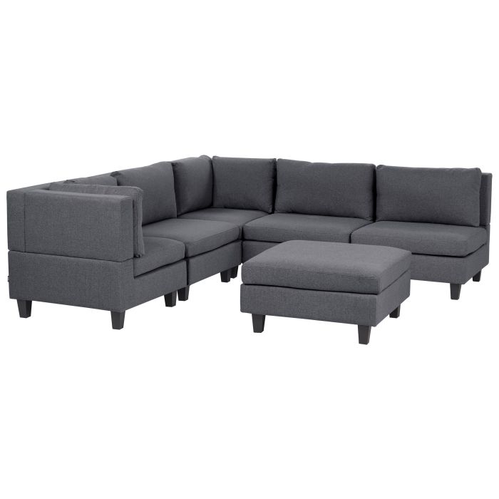 5 Seater Right Hand Modular Fabric Corner Sofa with Ottoman Dark Grey UNSTAD