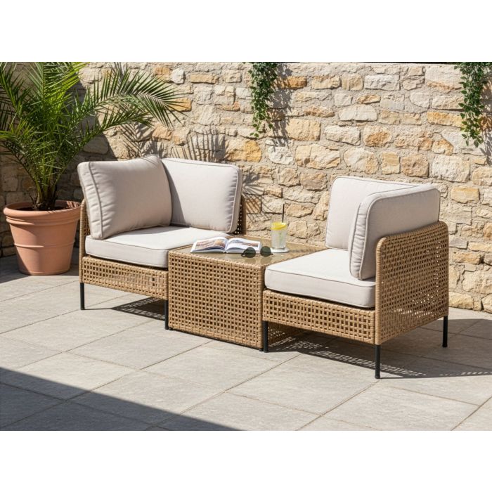 CEFARO Garden 2 Seater Sofa and Coffee Table Set - Light Beige