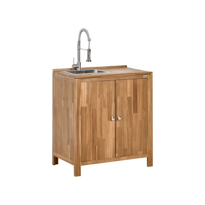 NEVOSA Outdoor Kitchen Cabinet White Tap with Sink Acacia Wood Brown