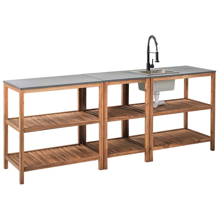 HORNWELL Wooden 3 Piece Outdoor Kitchen Set with Sink 80 cm - Brown with Black