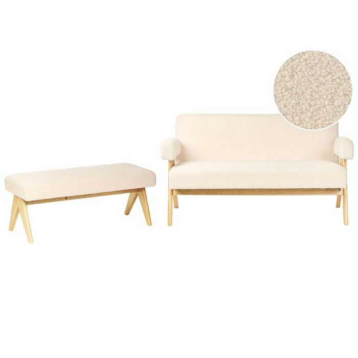 COALWORTH Boucle Fabric 2 Seater Sofa with Bench - Off White with Light Oak