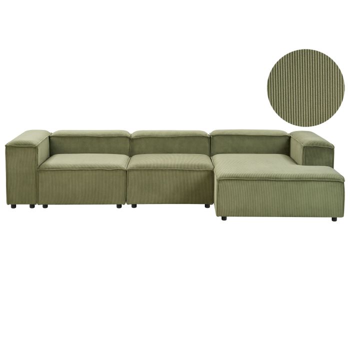 Left Hand 4 Seater Modular Jumbo Cord Corner Sofa Green ARDAL