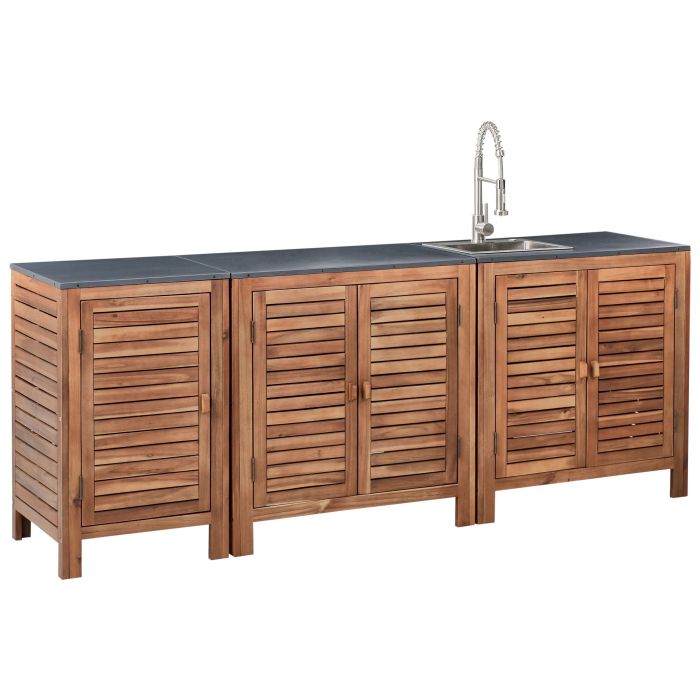 HORNWELL Wooden 3 Piece Outdoor Kitchen Set with Sink 210 cm - Brown with Silver