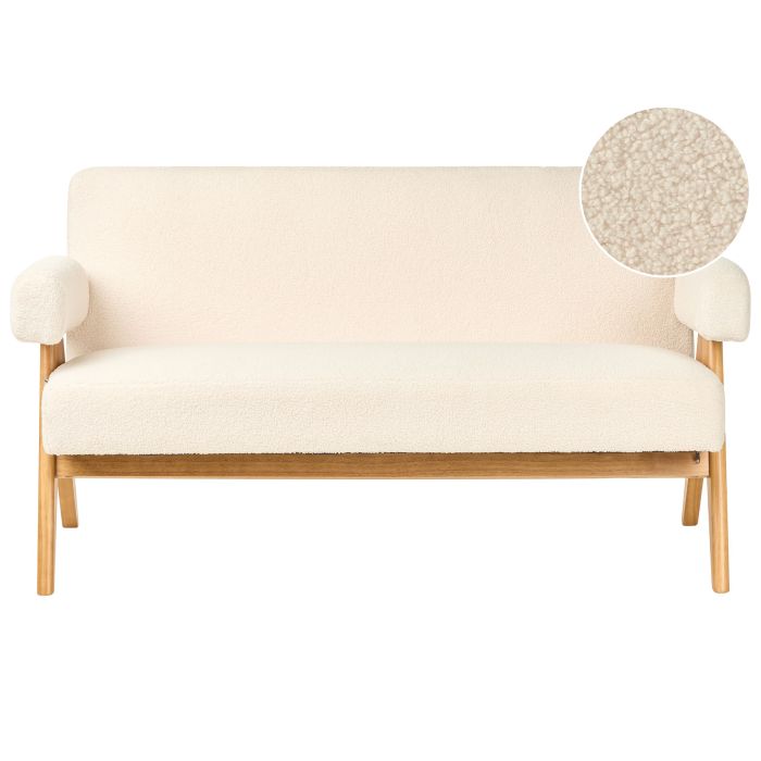 COALWORTH Boucle Fabric 2 Seater Sofa - Off White with Light Oak