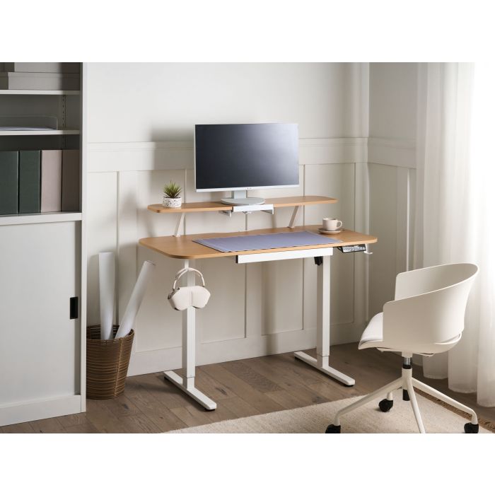 BELVARO Electric Adjustable Standing Office Desk with USB Port - Brown and White