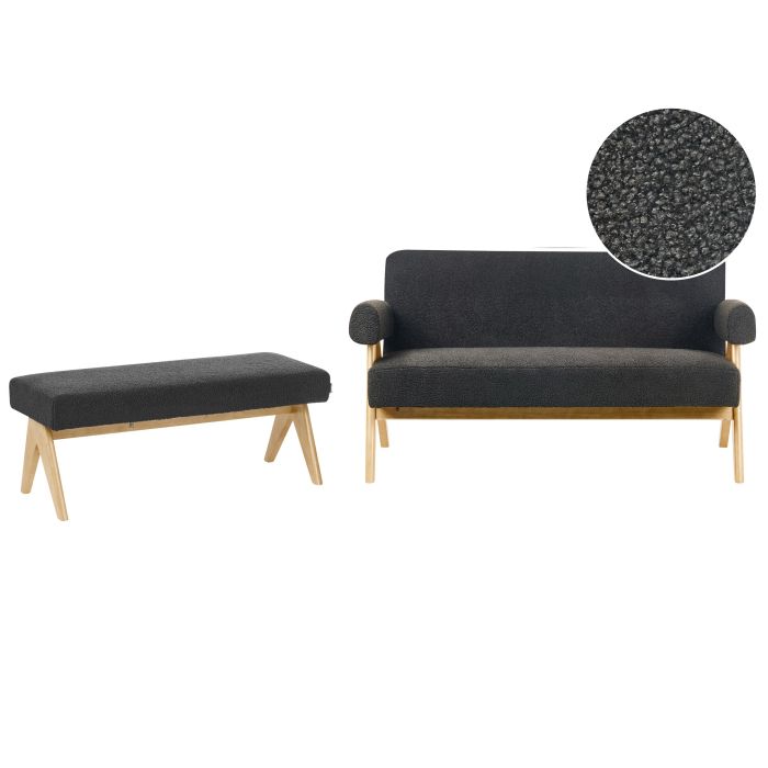 COALWORTH Boucle Fabric 2 Seater Sofa with Bench - Black with Light Oak