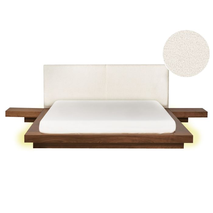 KEWI Bedframe with LED Boucle 160 x 200cm EU Kingsize Bed Brown Ash Wood