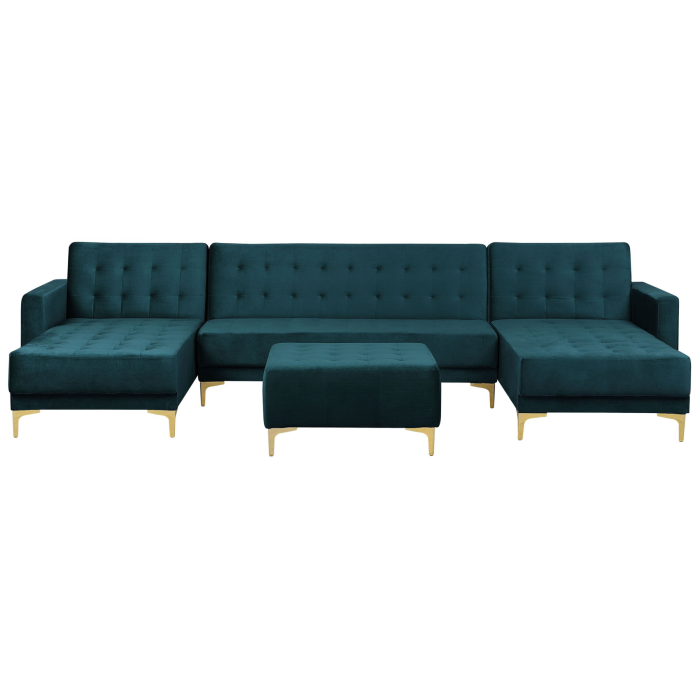ABERVON Velvet 4 Seater U Shaped Corner Sofa Bed with Ottoman - Teal