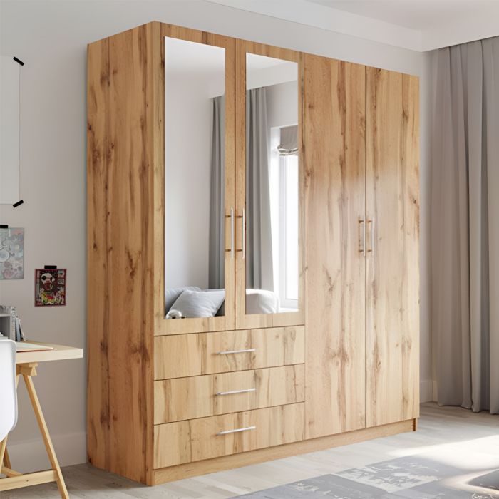 Wardrobe - LINCOLNSHIRE 4 Door Mirrored Wardrobe Oak Wotan 196cm