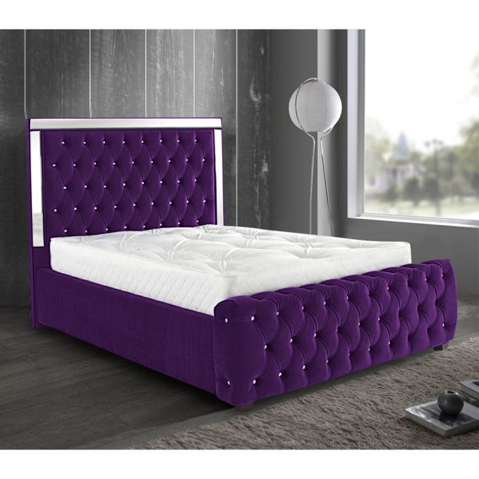 Elegance Plush Velvet Mirrored Bed - Purple in 5 Sizes