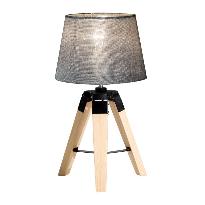Wooden Tripod Table Lamp for Side, Desk or End Table with E27 Bulb Base-Grey Shade