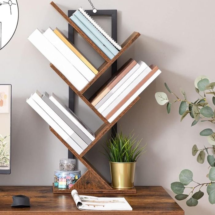 KESTRELLE Bookcase Floor Standing Tree Shelf for Books - Rustic Brown