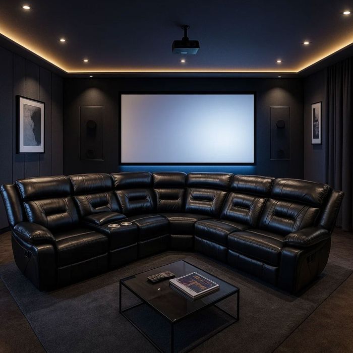 NOLLIE Large Leather 6 Seater L Shaped Recliner Sofa - Black