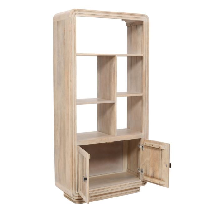 Denise Carved Mango Wood Bookcase With Doors and Shelves - Natural Wood