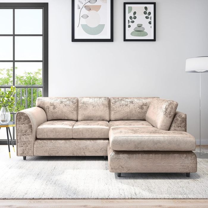 VELOURA Crush Velvet 4 Seater L Shaped Fullback Corner Sofa - Mink , Right Hand Facing
