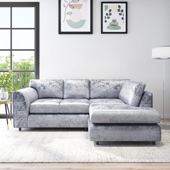 VELOURA Crush Velvet 4 Seater L Shaped Fullback Corner Sofa - Silver, Right Hand Facing