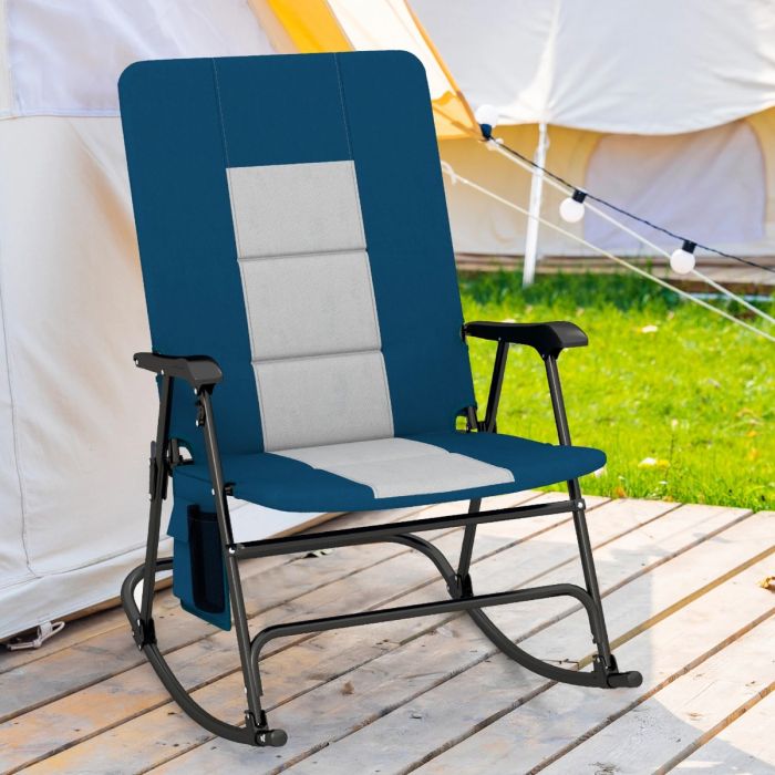 Foldable Padded Rocking Chair with High Back and Armrest for Patio-Blue
