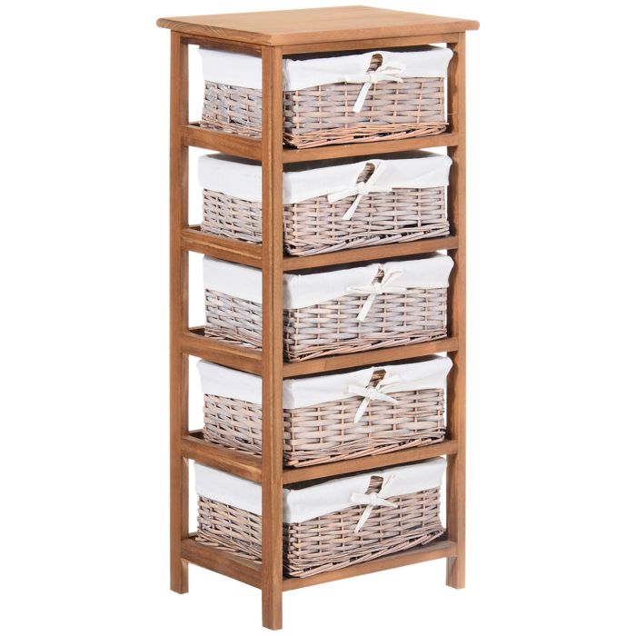 Wicker Basket Dresser, 5 Drawer Storage Shelf Unit with Wooden Frame for Home Organisation, Natural Finish