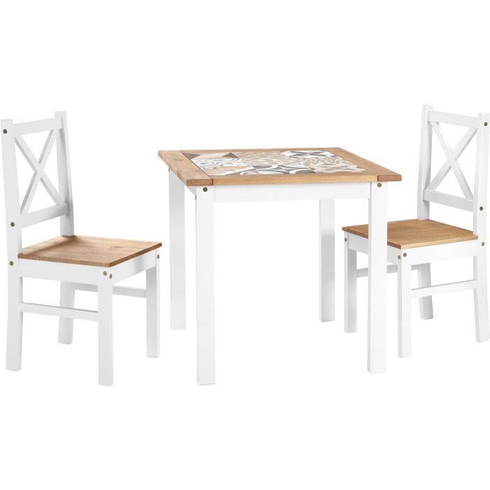 Salvador 1+2 Tile Top Dining Set - White Distressed Waxed Pine