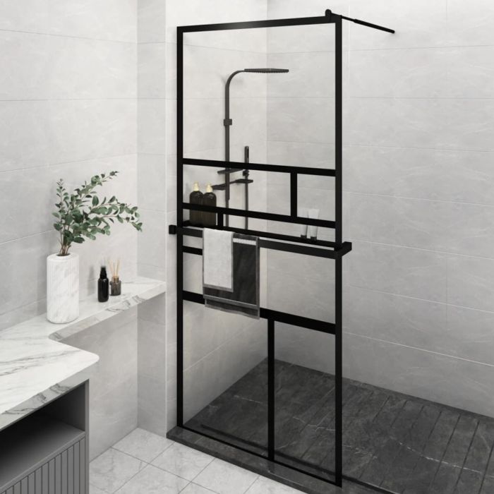 Walk-in Shower Wall with Shelf Black 90x195cm ESG Glass and Aluminium