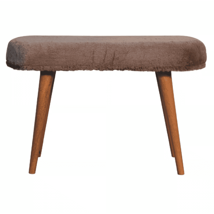 Brea Mocha Faux Fur Fabric Bench with Nordic Legs and Oak-ish Finish