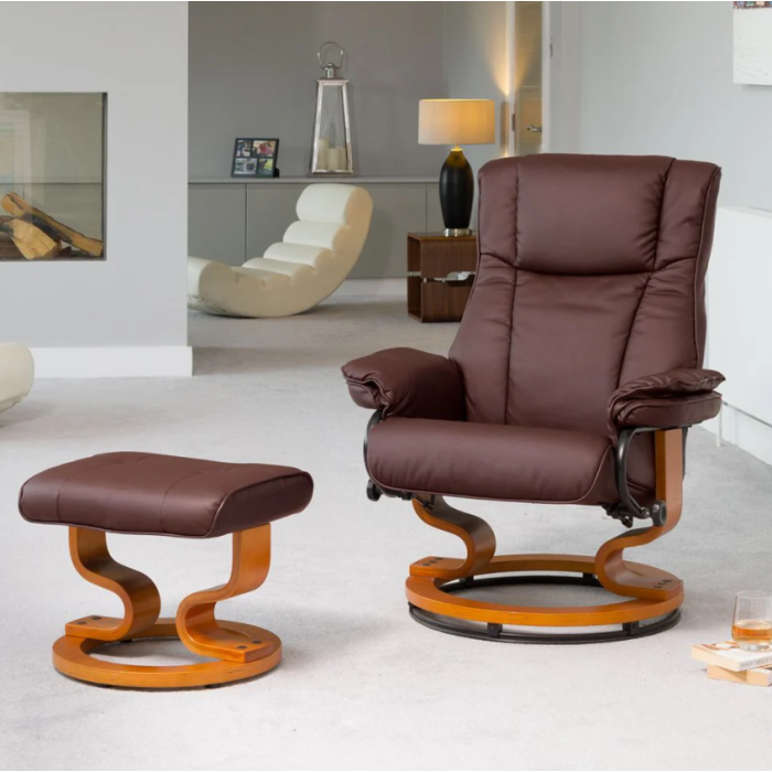 Armchair - MOBELUX Leather Swivel Recliner Chair with Stool - Burgundy