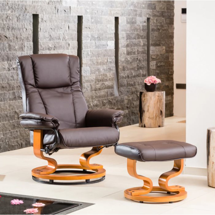 Armchair - MOBELUX Leather Swivel Recliner Chair with Stool Heated Massage - Brown