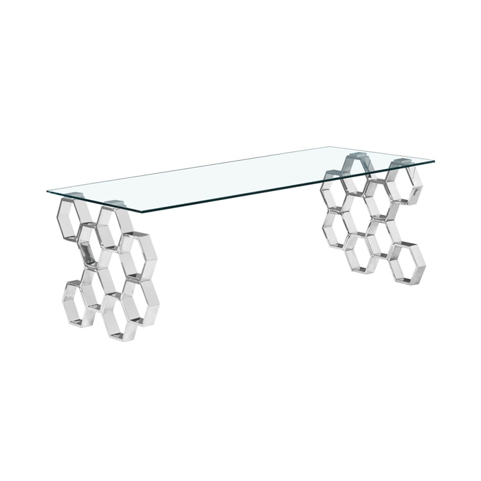 Calistoga Rectangular Stylish Silver Frame Coffee Table in Clear Glass Top