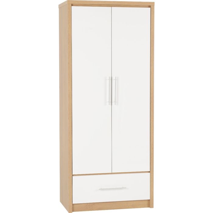 Wardrobe - SELSEY 2 Door 1 Drawer Wardrobe White High Gloss with Light Oak 76cm