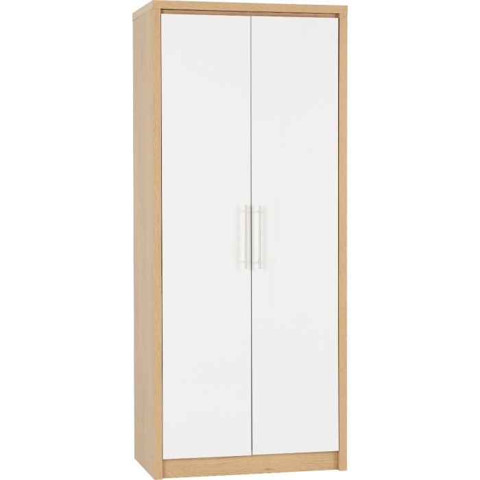 Wardrobe - SELSEY 2 Door Wardrobe White High Gloss with Light Oak 76cm