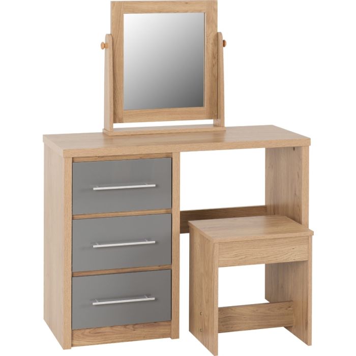 Seville 3 Drawer Dressing Table Set - Grey High Gloss Light Oak Effect Veneer