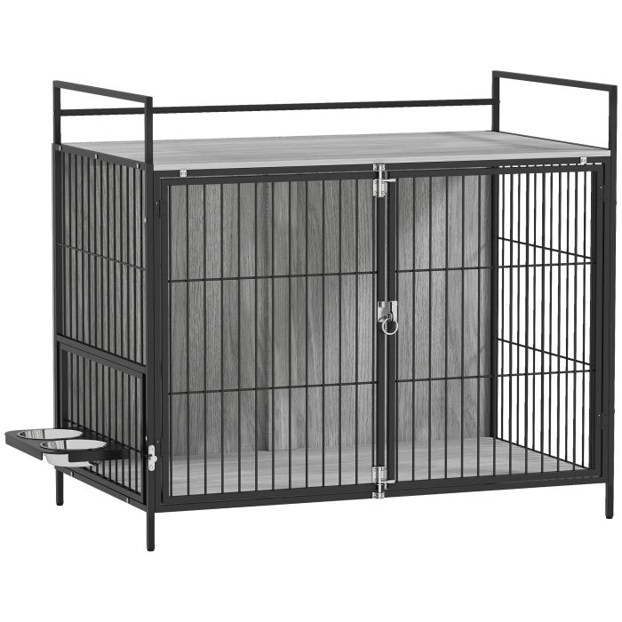 PAWSTER Large Dog Crate Furniture with Rotating Bowl Holder Grey