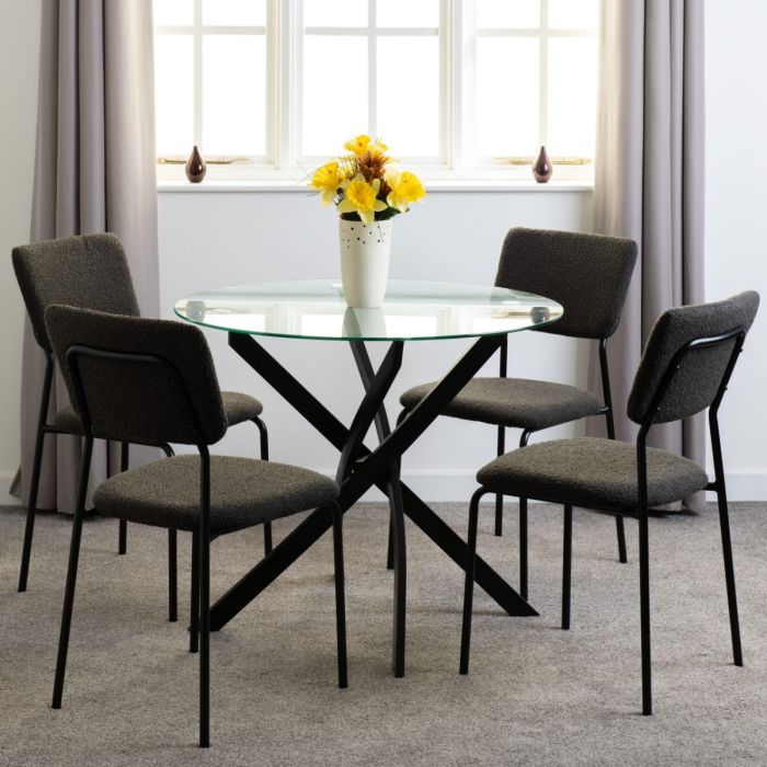 Sheldon Round Glass Top Dining Set - Clear Glass Black Grey Boucle Fabric