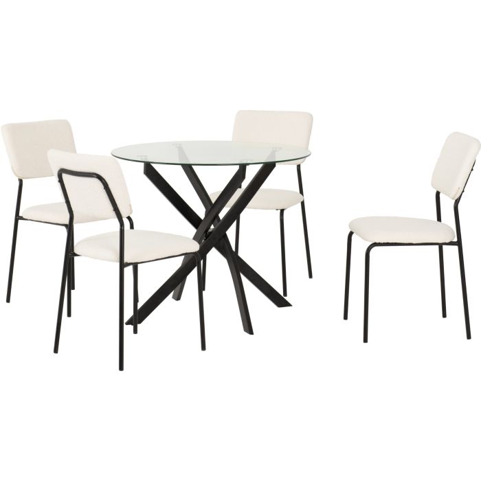 Sheldon Round Glass Top Dining Set - Clear Glass Black Ivory Boucle Fabric