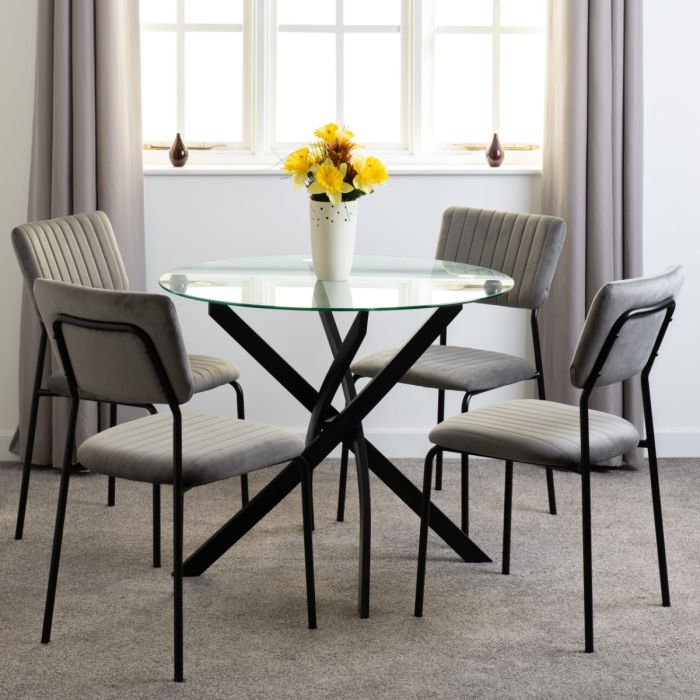 Sheldon Round Glass Top Dining Set - Clear Glass Black Grey Velvet Fabric