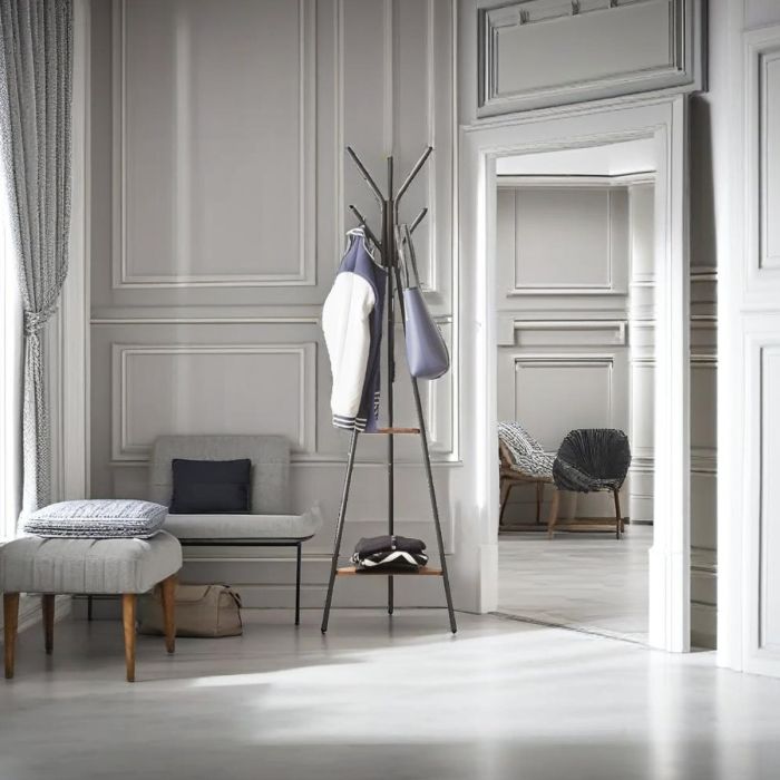 NOVATRA Coat Rack Freestanding Hall Tree with 6 Hooks and 2 Shelves - Rustic Brown and Black