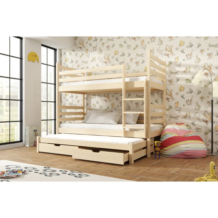 TUMY Wooden 2 Drawers Storage Double Bed with Trundle and Foam Mattress - Pine